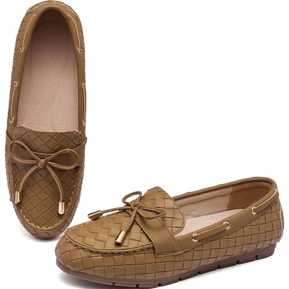 Women’s Khaki Weave Polyurethane Comfortable Casual Slip On Loafer Flat Shoes